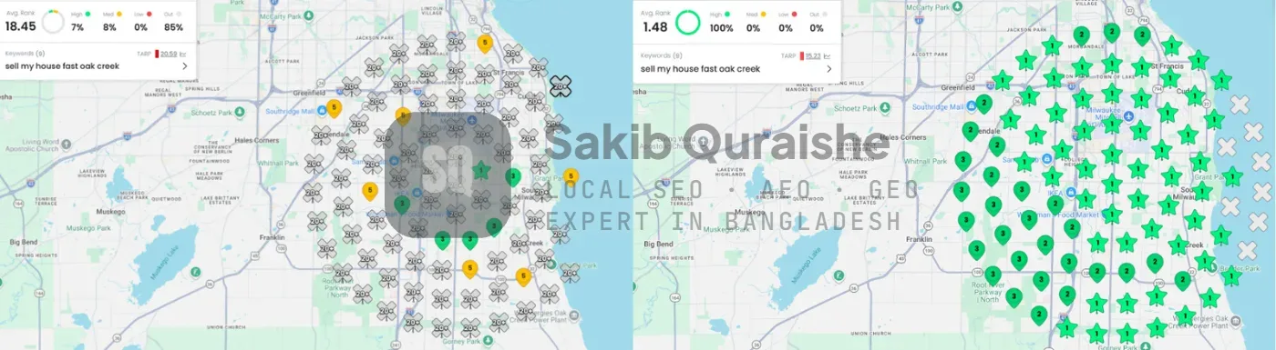 GeoGrid scan for sell my house fast oak creek, before and after: average rank 18.45 to 1.48
